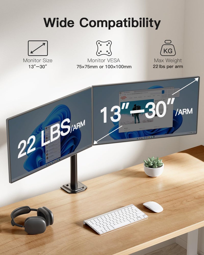 HUANUO Dual Monitor Mount for 2 Monitors up to 30 inches, Heavy Duty Dual Monitor Stand Holds up to 22 lbs, Dual Monitor Arm with Height Adjustable Tilt Swive Rotate, VESA Hole 75mm or 100mm - Image 2